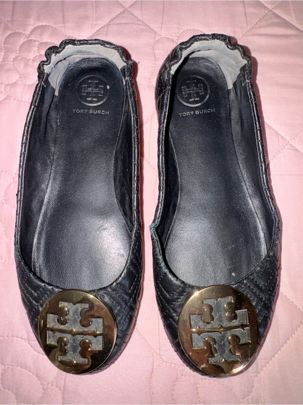 Tory Burch Black Quilted Flats with Gold Logo Medallions